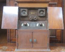 Early 20th century inlaid mahogany cased British Broadcasting Coil two valve receiver, by British