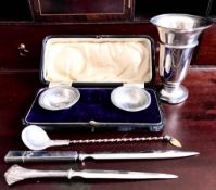 SILVER VASE, TWO OPEN CRUETS, TWO SILVER PAPER KNIVES AND SILVER COCKTAIL STIRRER, SOME