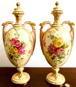 PAIR OF FINE ROYAL WORCESTER VASES AND COVERS, APPROXIMATELY 35cm HIGH