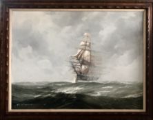 20TH CENTURY FRAMED OIL ON CANVAS DEPICTING A CLIPPER SHIP IN FULL SAIL ON CHOPPY WATERS, SIGNED