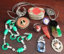 TEN PIECES OF COSTUME JEWELLERY AND ALSO A SILVER METAL OVAL PILL BOX