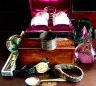 MIXED LOT INCLUDING PAPER WEIGHTS, TWO WATCHES (BOTH WORKING), SILVER SPOON AND NAPKIN RING AND