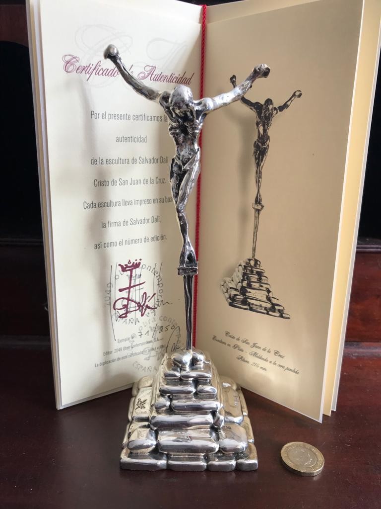 SALVADOR DALI REPRODUCTION SILVER PLATED SCULPTURE, ORIGINAL BOX, PACKING AND FULL FIRST PURCHASE