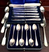 SET OF SIX SILVER HANDLE TEA KNIVES, SIX SILVER COFFEE SPOONS, FIVE SILVER SPOONS AND KNIFE WITH