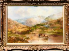 PRUDENCE TURNER- 'WATERING CATTLE IN THE MISTY HIGHLANDS', 20th CENTURY OIL ON CANVAS, SIGNED