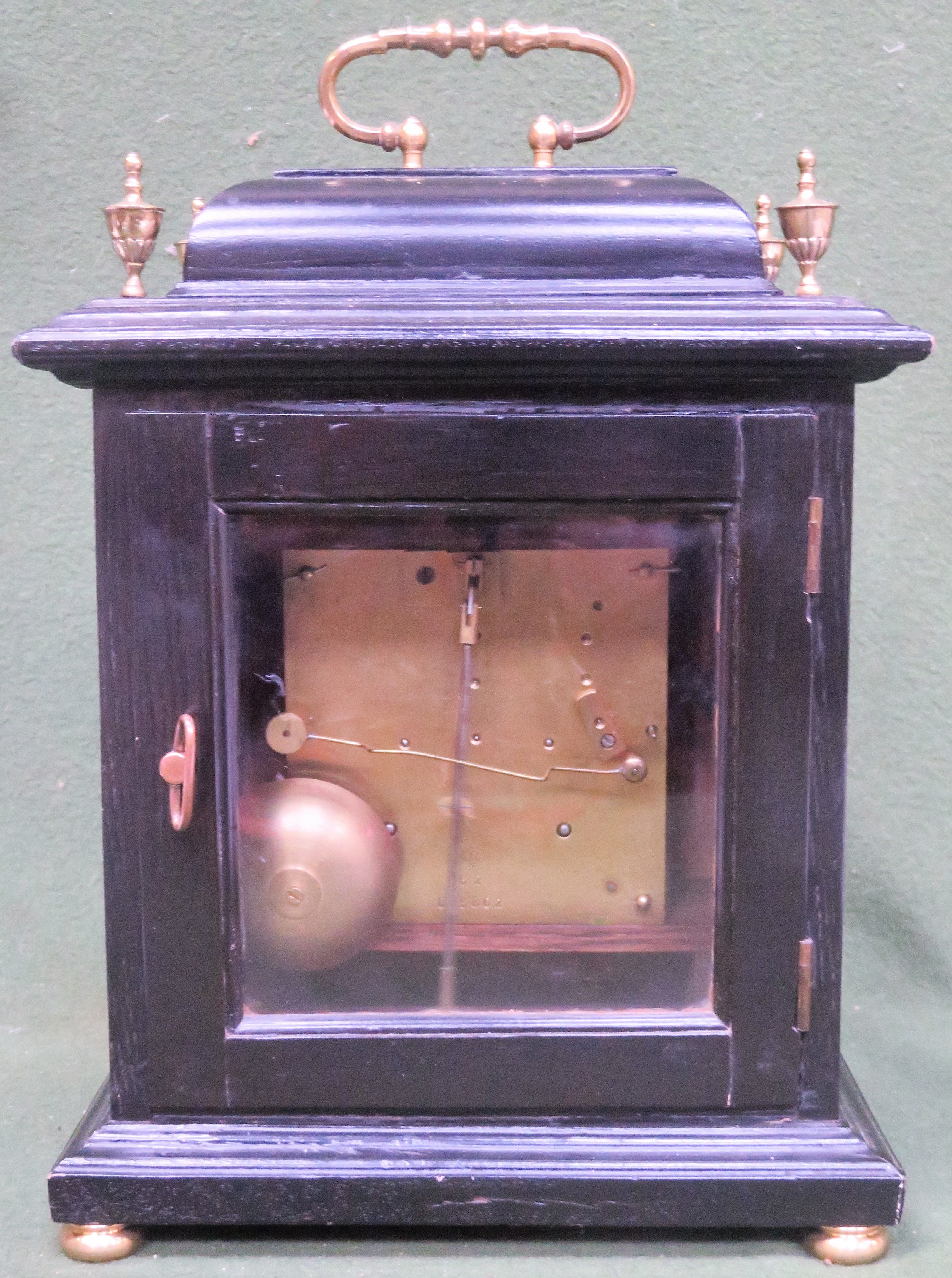 Early 20th century Ebonised Mantle clock, with ormulu brass dial, brass veneer and brass finials, by - Image 2 of 2