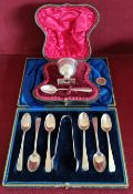 CASED SET OF SIX HALLMARKED SILVER SPOONS AND SUGAR TONGS, ALSO CASED SILVER EGG CUP AND SPOON