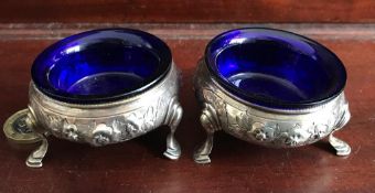 PAIR OF OPEN SILVER SALTS WITH LINERS, APPROXIMATELY 1812 (LETTER OBSCURE), SILVER WEIGHT