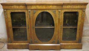 19th century walnut veneered and marquetry inlaid breakfront credenza. Approx. 109cms H x 179cms W x