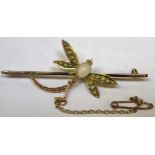 9ct Gold bar brooch with mounted Dragonfly, decorated with Opal and Pearl type stones