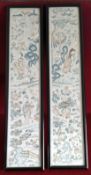 PAIR OF FRAMED ORIENTAL STYLE EMBROIDERED SILK SLEEVE PANELS, APPROXIMATELY 53 x 10.5cm