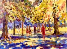 KEITH GARDNER RCA, ' RED DRESS & SHADOWS, BIRKENHEAD PARK', CIRCA 2000, OIL ON BOARD, SIGNED LOWER