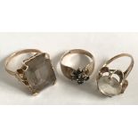 THREE 9ct GOLD RINGS SET WITH SEMI-PRECIOUS STONES, TOTAL GROSS WEIGHT 11G INCLUDING STONES