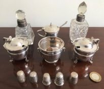 TWO SCENT BOTTLES, THREE SILVER MUSTARD POTS, SILVER SMALL CONTAINER, THREE DORCAS THIMBLES PLUS TWO