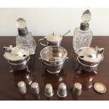 TWO SCENT BOTTLES, THREE SILVER MUSTARD POTS, SILVER SMALL CONTAINER, THREE DORCAS THIMBLES PLUS TWO
