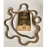 9ct GOLD INGOT PENDANT TOGETHER WITH A GOLD COLOURED BOX CHAIN, GROSS WEIGHT APPROXIMATELY 47.2g AND