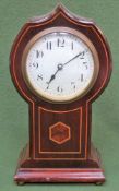 Pristine Edwardian mahogany inlaid French style mantle clock, with circular enamelled dial.