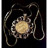 1890 GOLD SOVEREIGN WITH YELLOW METAL UNHALLMARKED FRAME AND 9ct GOLD CHAIN