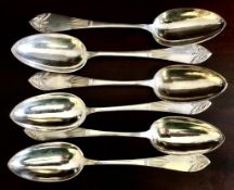 SIX SILVER COLOURED TABLE SPOONS STAMPED '875' AND INDISTINCT INITIALS, WEIGHT APPROXIMATELY 395g