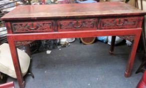 LATE 19TH/EARLY 20TH CENTURY ORIENTAL RED LACQUERED THREE DRAWER PIERCEWORK CONSOLE TABLE. APPROX.