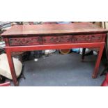 LATE 19TH/EARLY 20TH CENTURY ORIENTAL RED LACQUERED THREE DRAWER PIERCEWORK CONSOLE TABLE. APPROX.