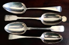 PAIR OF SILVER VICTORIAN SERVING SPOONS, LONDON 1856, POSSIBLY EDWARD EAST, ANOTHER LONDON 1808 PLUS