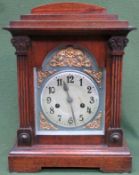 Early 20th century Oak cased Mantle clock, with ormulu mounted silver coloured dial. Approx. 37cm