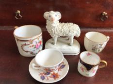 SMALL STAFFORDSHIRE CERAMIC RAM AND FOUR MINIATURE CUPS AND ONE SAUCER- CROWN STAFFORDSHIRE,