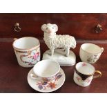 SMALL STAFFORDSHIRE CERAMIC RAM AND FOUR MINIATURE CUPS AND ONE SAUCER- CROWN STAFFORDSHIRE,