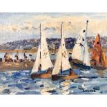 KEITH GARDNER RCA, 'WEST KIRBY DINGHIES', CIRCA 2000, OIL ON BOARD, SIGNED LOWER RIGHT, UNFRAMED,