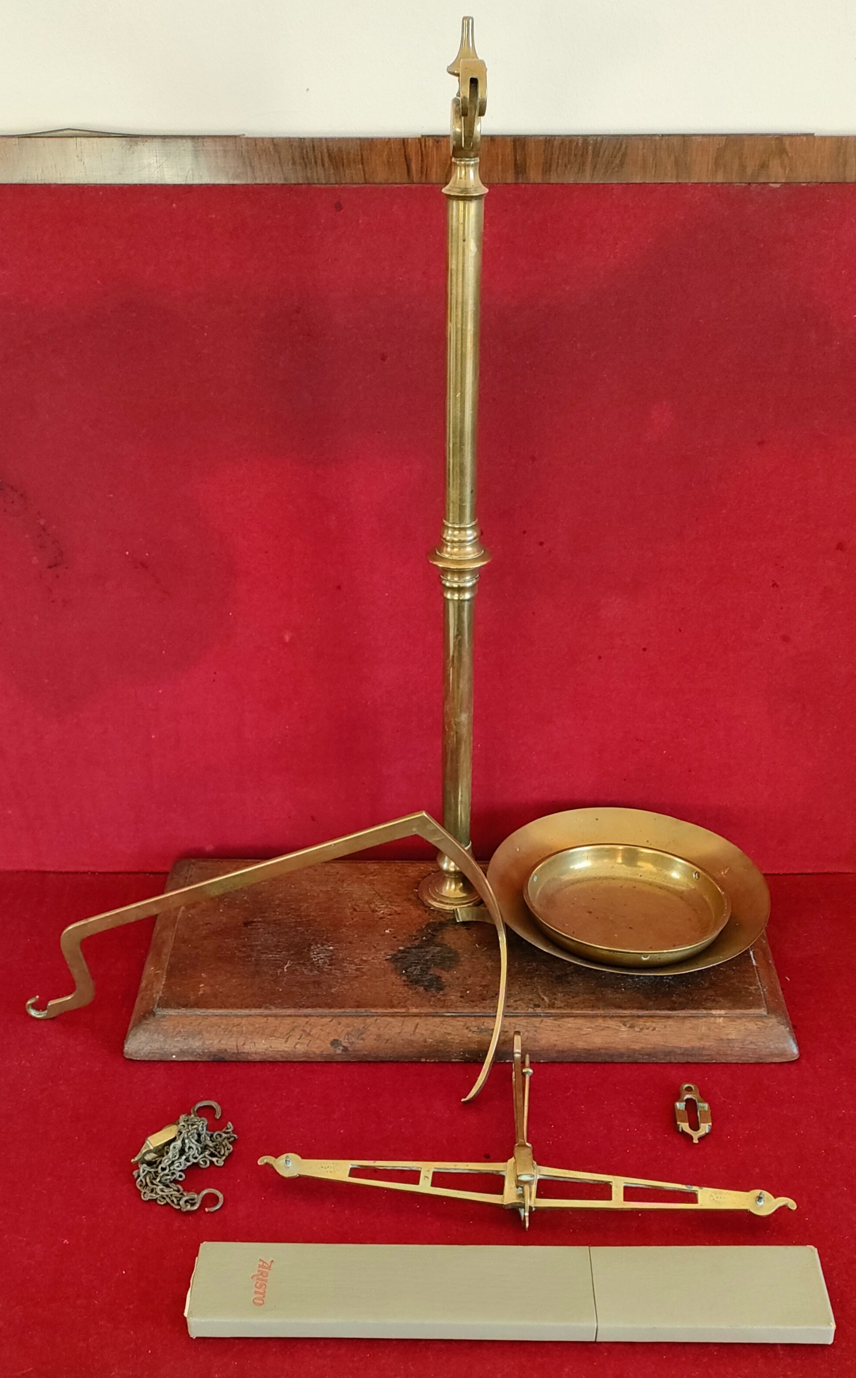 SET OF BRASS WEIGHING SCALES PLUS ARISTO SLIDE RULE