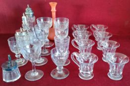 PARCEL OF COLOURED AND OTHER GLASSWARE, SHAKERS AND CRUET ITEMS, ETC.