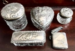 FOUR DRESSING TABLE ITEMS WITH SILVER REPOUSSE COVERS, TWO CHESTER AND THREE BIRMINGHAM ASSAYS, PLUS