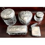 FOUR DRESSING TABLE ITEMS WITH SILVER REPOUSSE COVERS, TWO CHESTER AND THREE BIRMINGHAM ASSAYS, PLUS
