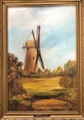 PRIMITIVE NAIVE OIL ON BOARD PAINTING DEPICTING BIDSON HILL WINDMILL. APPROX. 45 X 27CM