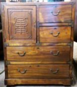 EARLY 20TH CENTURY ORIENTAL HARDWOOD FOUR DRAWER CHEST WITH CUPBOARD DOOR AND THREE DRAWERS. APPROX.