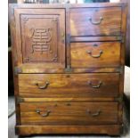 EARLY 20TH CENTURY ORIENTAL HARDWOOD FOUR DRAWER CHEST WITH CUPBOARD DOOR AND THREE DRAWERS. APPROX.