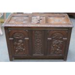 late 9th century/early 20th heavily carved panelled oak blanket chest 60cm H x 90cm W x 42.5cm D