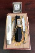 LADIES GILDED PURSE, NOTEBOOK, FOLDING WATCH, GOLD COCKTAIL WATCH, BUTTON HOOK AND SILVER BLADE