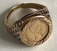 9ct GOLD RING SET WITH 1865 COIN 'EMPERADON MAXIMILLANO'- MEXICO, WEIGHT APPROXIMATELY 2.1g