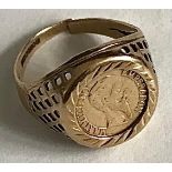 9ct GOLD RING SET WITH 1865 COIN 'EMPERADON MAXIMILLANO'- MEXICO, WEIGHT APPROXIMATELY 2.1g