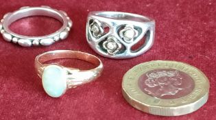 TWO SILVER RINGS AND GOLD COLOURED RING WITH CENTRAL OPAL, TOTAL WEIGHT APPROXIMATELY 13.7g