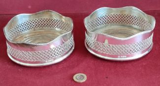 PAIR OF HALLMARKED SILVER WINE COASTERS WITH PIERCE WORK DECORATION, DIAMETER APPROXIMATELY 5.5 H