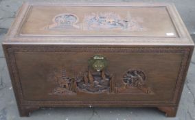 Carved Japanese camphor chest. Approx. 58cms H x 102cms W x 52cms D