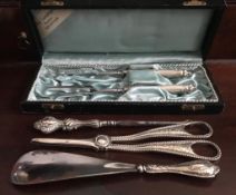 BOXED PAIR OF GERMAN SILVER COLOURED FORKS '844', BUTTON HOOK, SHOE HORN AND PLATED GRAPE SCISSORS