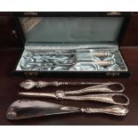 BOXED PAIR OF GERMAN SILVER COLOURED FORKS '844', BUTTON HOOK, SHOE HORN AND PLATED GRAPE SCISSORS