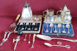 TWO CASED SET OF SIX SILVER SPOONS, SILVER CRUET ITEMS, SILVER TOPPED GLASS SHAKER, PLUS VARIOUS