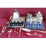 TWO CASED SET OF SIX SILVER SPOONS, SILVER CRUET ITEMS, SILVER TOPPED GLASS SHAKER, PLUS VARIOUS