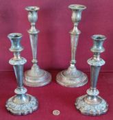 TWO PAIRS OF SILVER PLATED FILLED CANDLESTICKS, LARGEST PAIR APPROXIMATELY 28cm HIGH