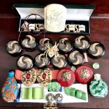 A GENERAL ASSEMBLAGE OF BUCKLES, BOTTLES AND BRACELET, ETC.